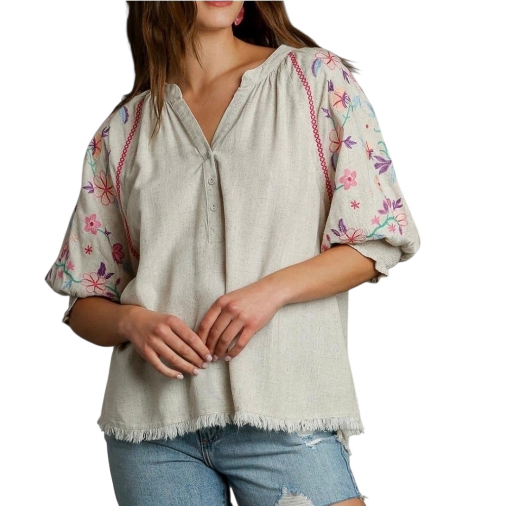 Umgee Savannah Linen Blend Floral Embroidered Sleeve Blouse Top